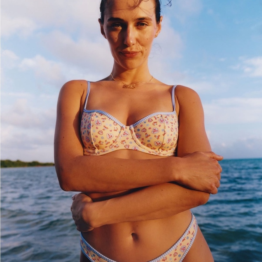 Frankie’s Bikinis x VS Pink Heart Charm Yellow Blue Gingham Bikini Top XL